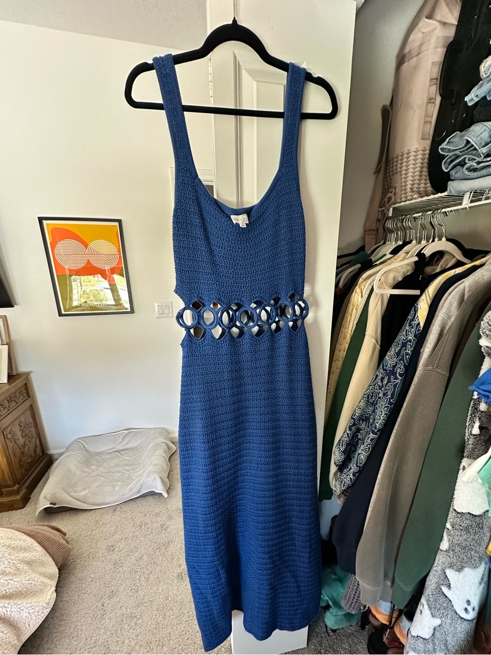 Le Lis Navy Crochet Maxi Dress with Decorative Waist Cutouts